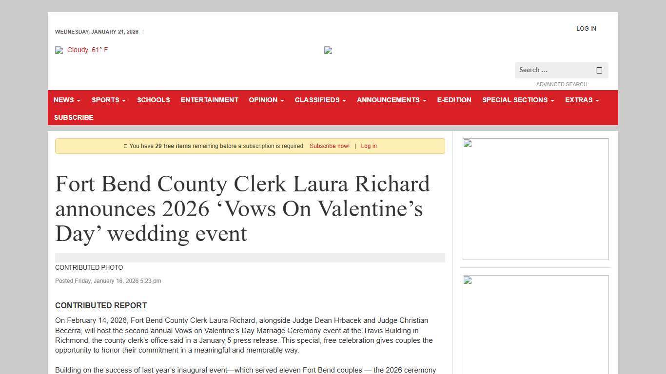 Fort Bend County Clerk Laura Richard announces 2026 ‘Vows On Valentine’s Day’ wedding event | Katy Times